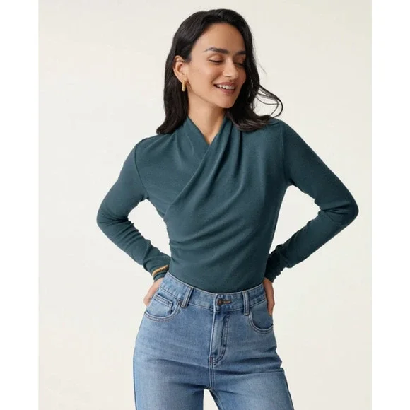 OGL Top Size M NEW Forest Night Blue Surplice Long Sleeve Top V Neck Stretch - Picture 1 of 12